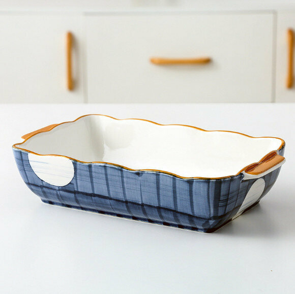 Popular ceramic double-ear rectangular rice plate (large cloth pattern)