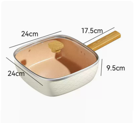 Popular flat-bottomed non-stick pot with square lid, deep induction cooker, gas frying and frying, dual-purpose gas induction cooker (milk white)