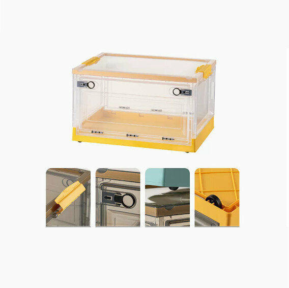 Popular folding storage box [Transparent - Moss Yellow] [60*42*34cm] [Extra large size (bilateral side opening/three-second folding/with pulleys)]