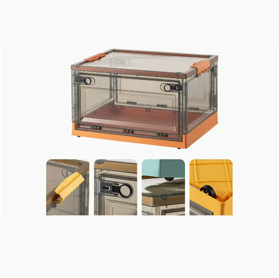 New folding storage box [brown-vital orange] [47.5*35.5*24.5cm] [large size (bilateral side opening/three-second folding/with pulleys)]