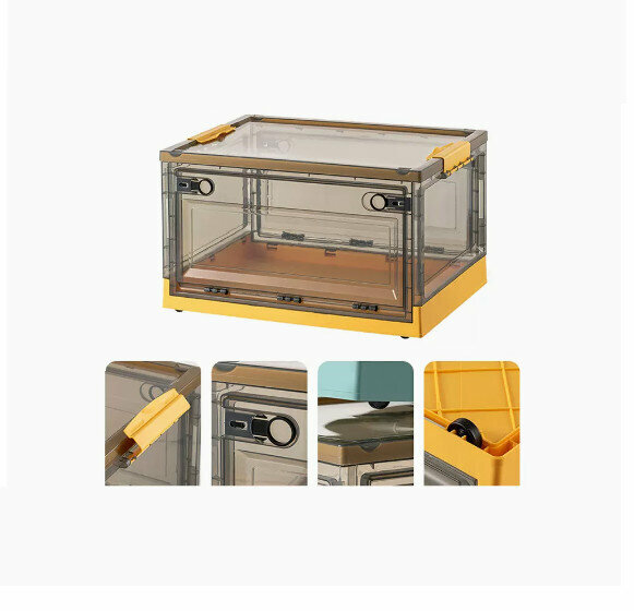 Popular folding storage box [brown-Moss yellow] [47.5*35.5*24.5cm] [large size (bilateral side opening/three-second folding/with pulleys)]