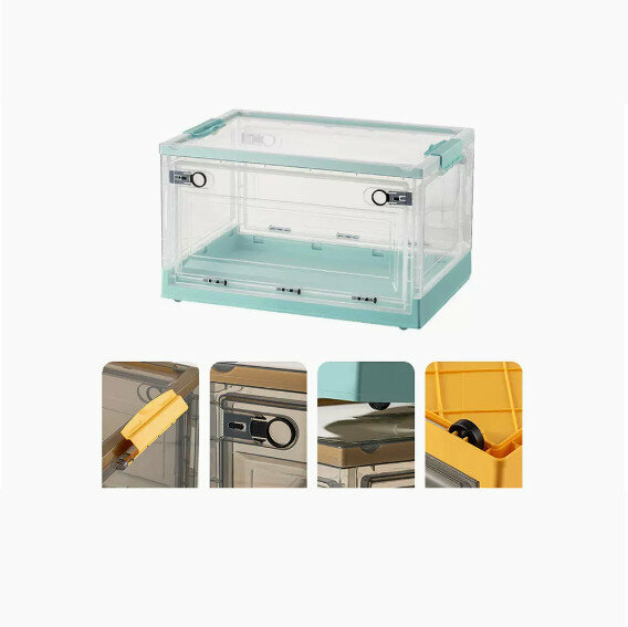 New folding storage box [transparent-wood stone green] [47.5*35.5*24.5cm] [large size (bilateral side opening/three-second folding/with pulleys)]