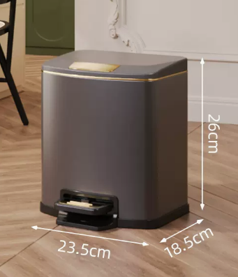 新款輕奢不銹鋼腳踏式垃圾桶(槍灰-平紋)(尺寸:7L-23.5*18.5*26CM)