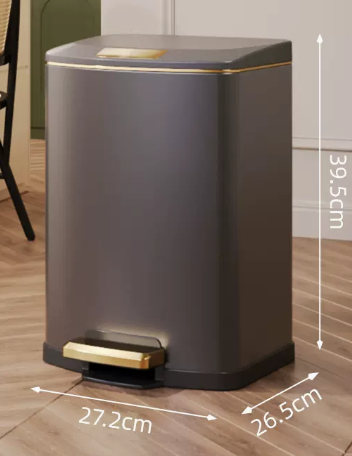 新款輕奢不銹鋼腳踏式垃圾桶(槍灰-平紋)(尺寸:18L-27.2*26.5*39.5CM)