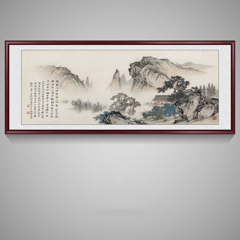 新款客廳裝飾畫掛畫(帶框尺寸：228*88cm 望雲樓（原版) 複刻噴繪+紅褐色實木框 )