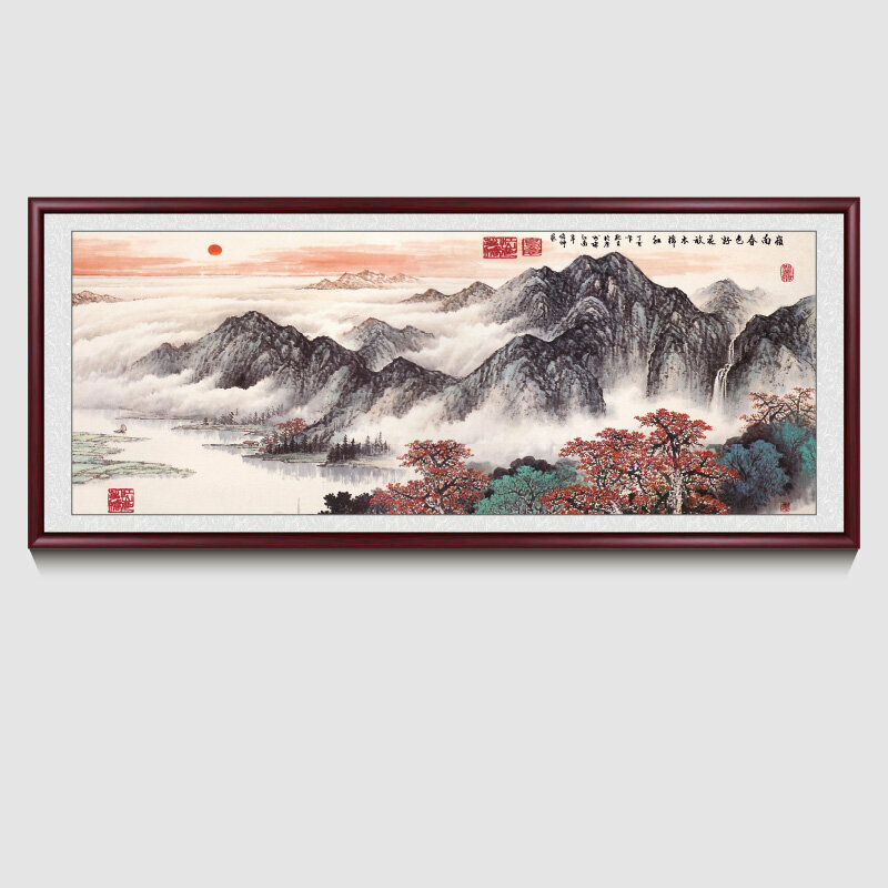 新款客廳裝飾畫掛畫(帶框尺寸：188*78cm 源遠流長 複刻噴繪+紅褐色實木框 )