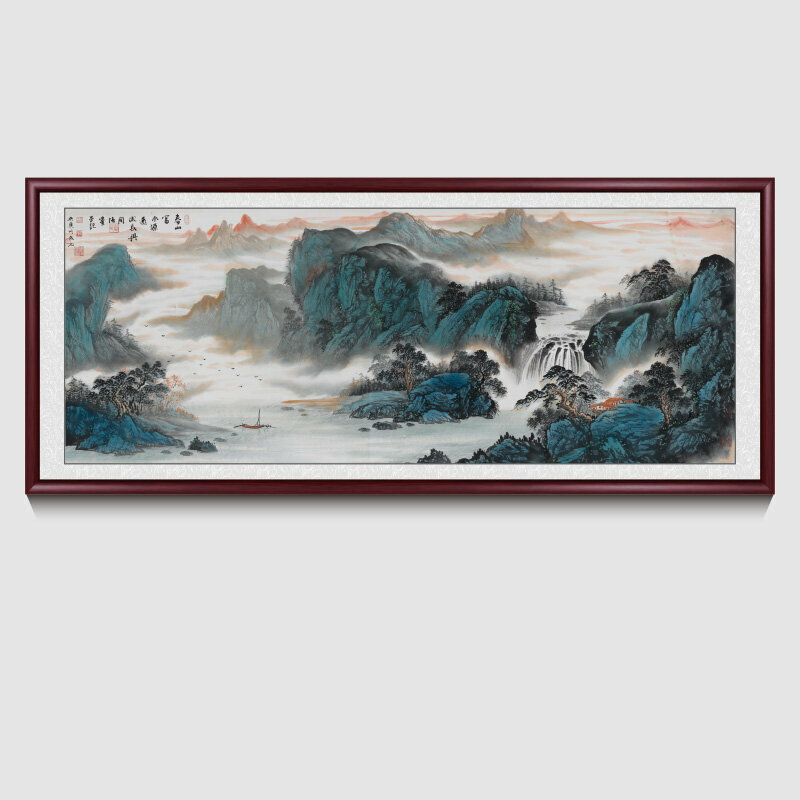 新款客廳裝飾畫掛畫(帶框尺寸：208*88cm 源遠流長-2 複刻噴繪+紅褐色實木框 )