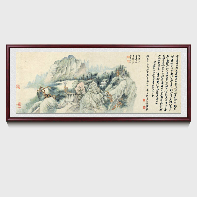 新款客廳裝飾畫掛畫(帶框尺寸：238*98cm 山水圖 複刻噴繪+紅褐色實木框 )