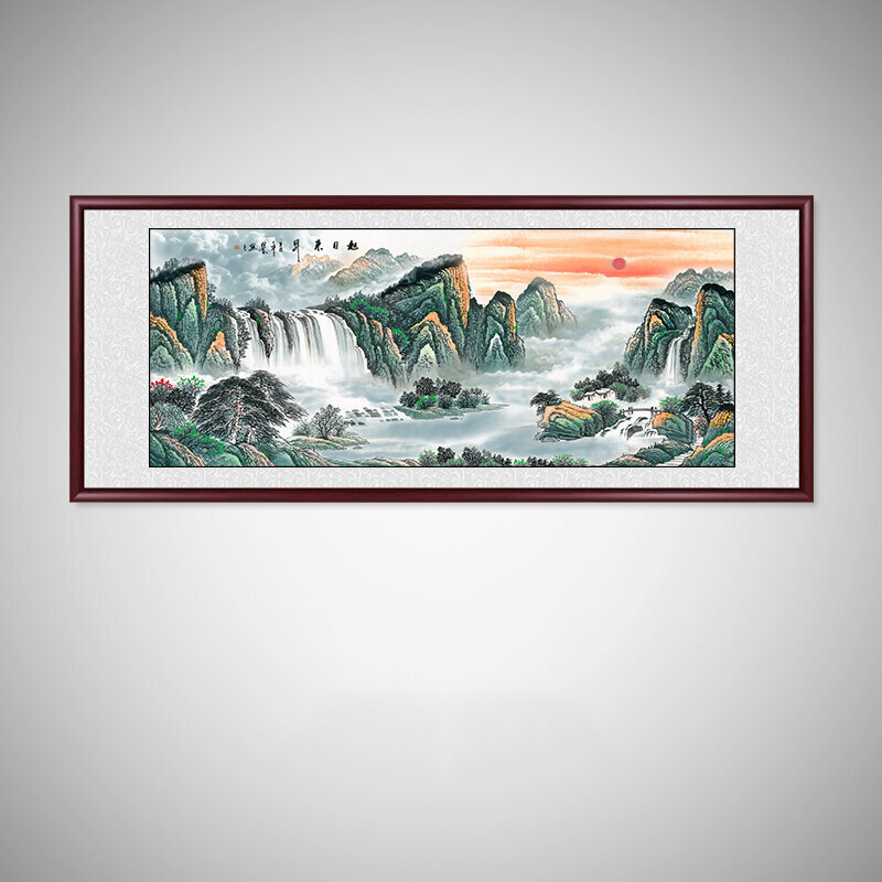 新款客廳裝飾畫掛畫(帶框尺寸：238*98cm 旭日東升 複刻噴繪+紅褐色實木框 )