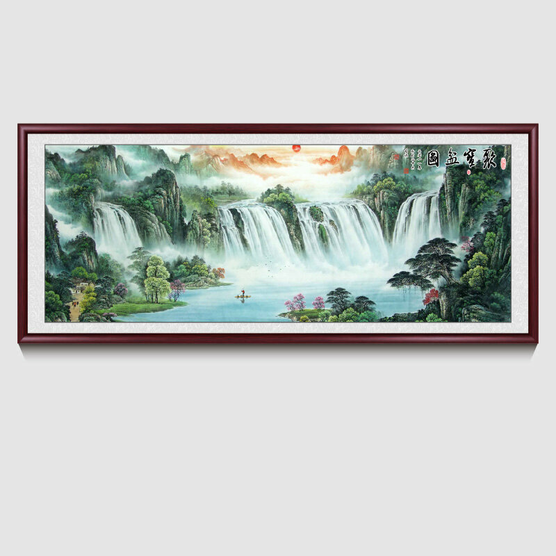 新款客廳裝飾畫掛畫(帶框尺寸：188*78cm 聚寶盆 複刻噴繪+紅褐色實木框 )