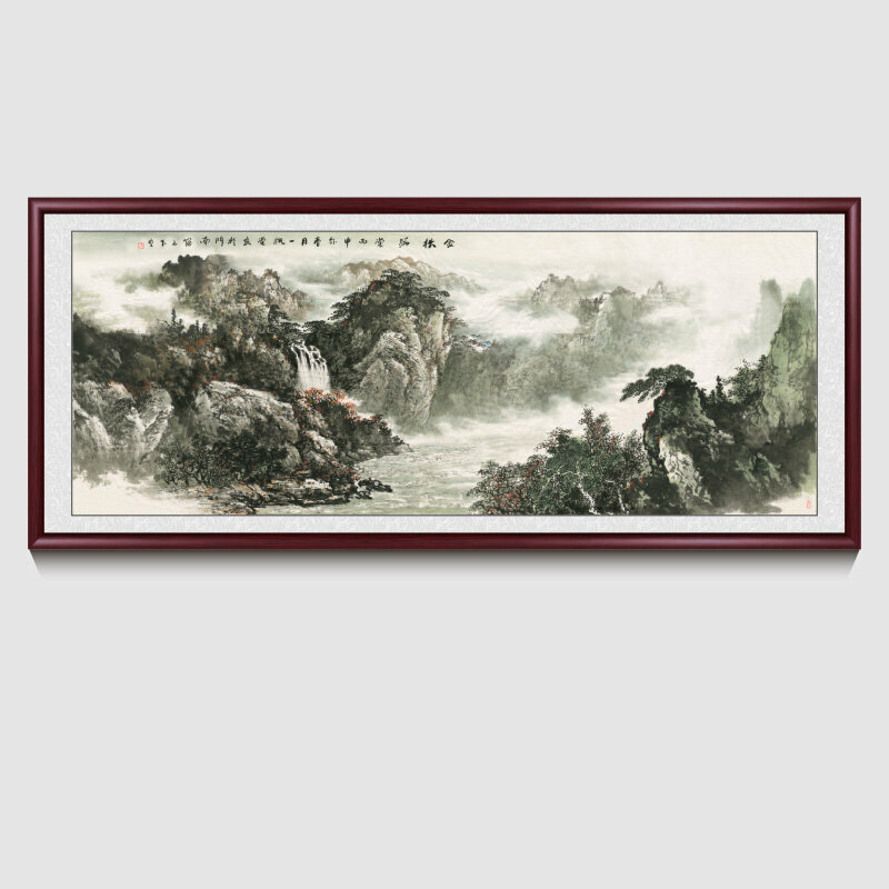 新款客廳裝飾畫掛畫(帶框尺寸：218*88cm 金秋滿堂 複刻噴繪+紅褐色實木框 )