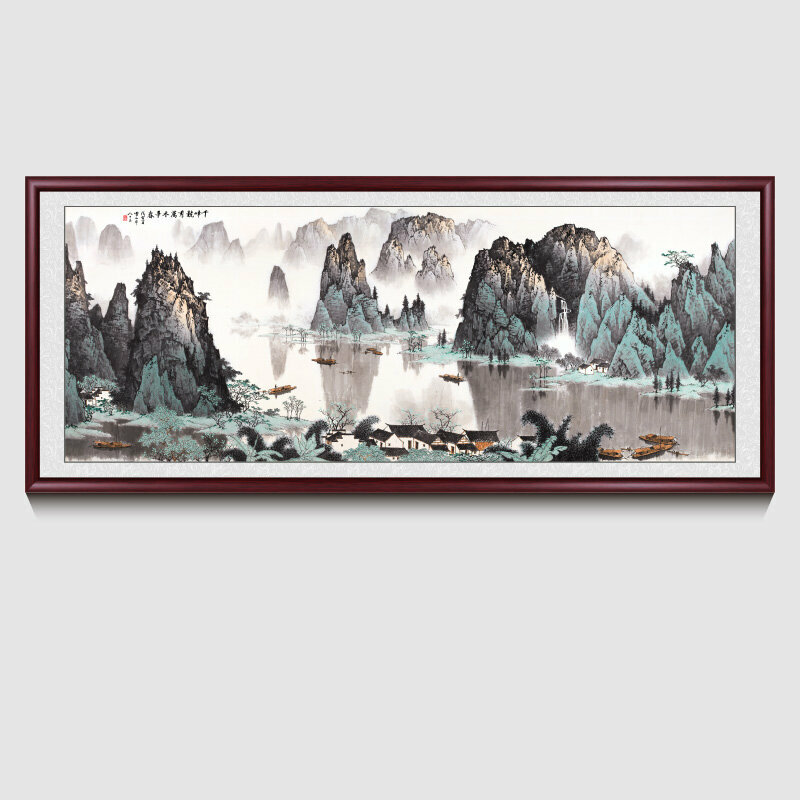 新款客廳裝飾畫掛畫(帶框尺寸：228*88cm 千峰競秀 複刻噴繪+紅褐色實木框 )
