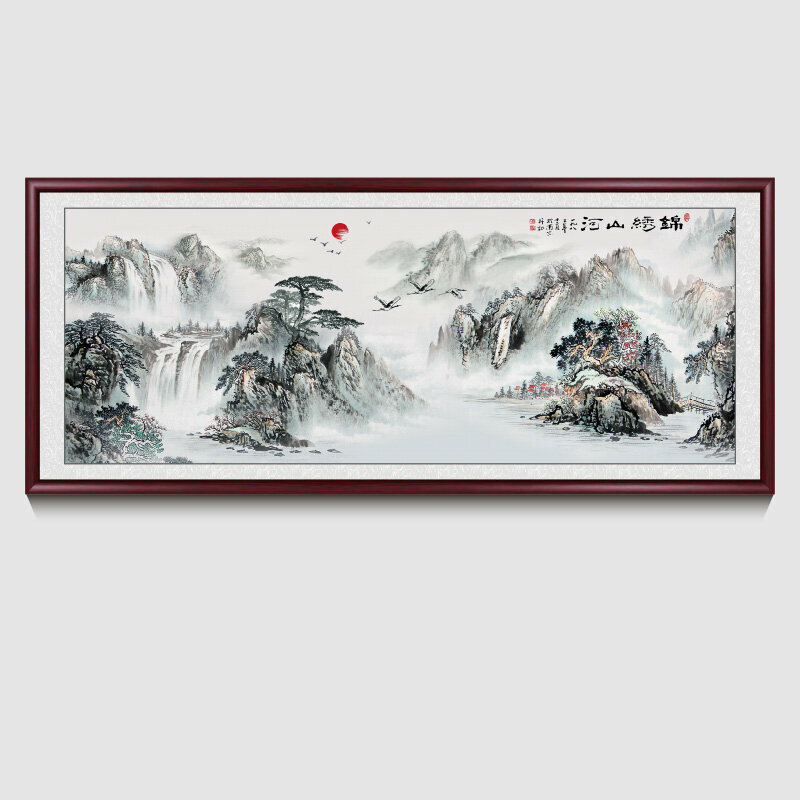 新款客廳裝飾畫掛畫(帶框尺寸：218*88cm 景秀山河 複刻噴繪+紅褐色實木框 )
