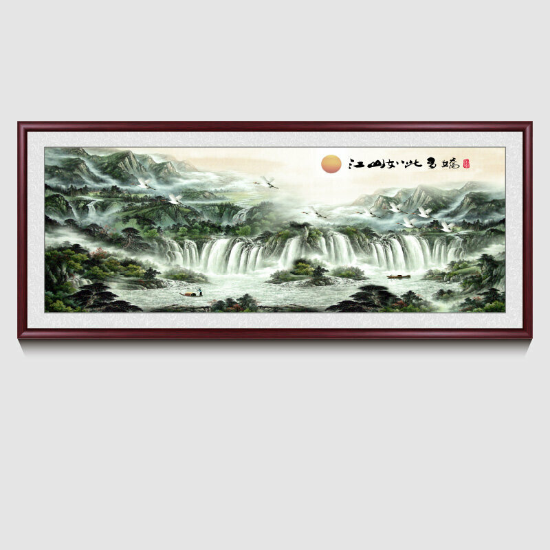 新款客廳裝飾畫掛畫(帶框尺寸：188*78cm 江山如此多嬌 複刻噴繪+紅褐色實木框 )