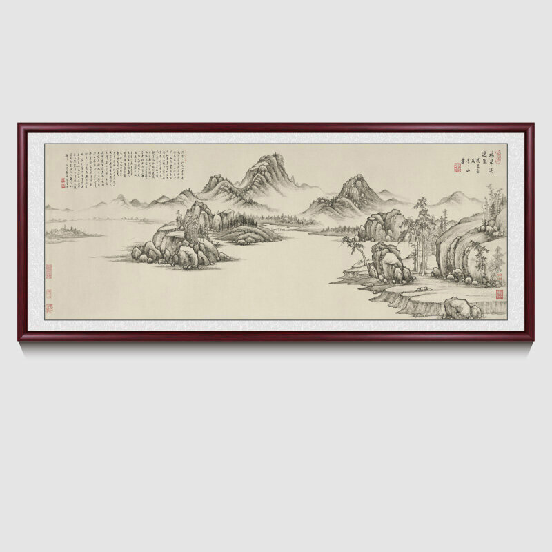 新款客廳裝飾畫掛畫(帶框尺寸：228*88cm 林泉高逸圖 複刻噴繪+紅褐色實木框 )