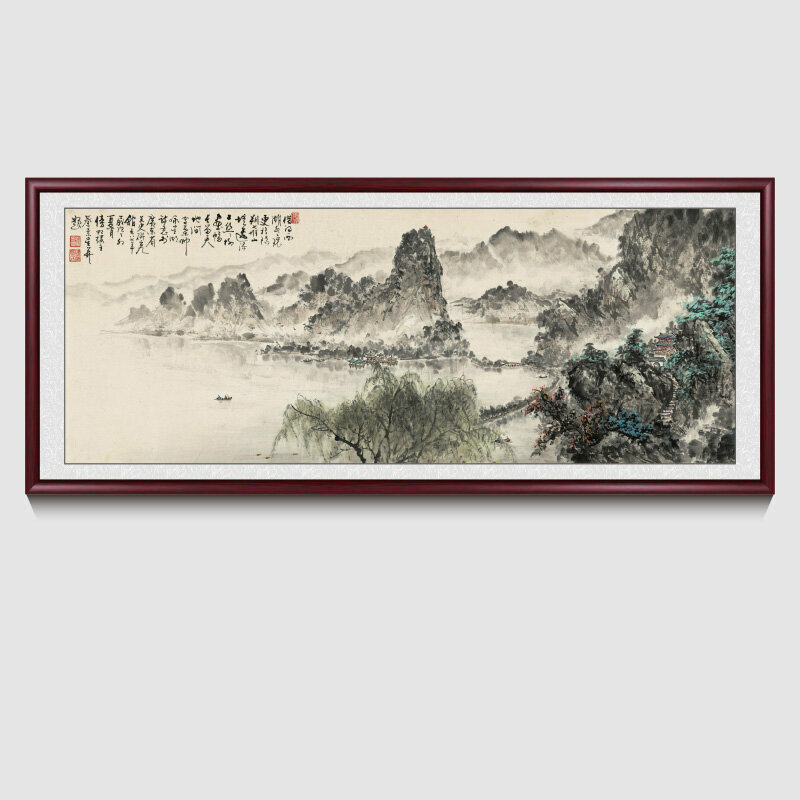 新款客廳裝飾畫掛畫(帶框尺寸：188*78cm 借問西湖 複刻噴繪+紅褐色實木框 )