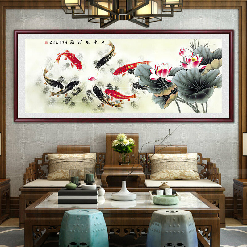 新款客廳裝飾畫掛畫(帶框尺寸：238*98cm 九魚聚財 複刻噴繪+雅典紅褐實木框)