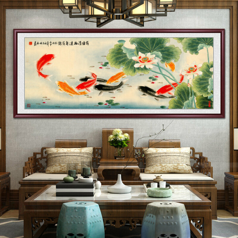 新款客廳裝飾畫掛畫(帶框尺寸：188*78cm 荷塘清趣 複刻噴繪+雅典紅褐實木框)