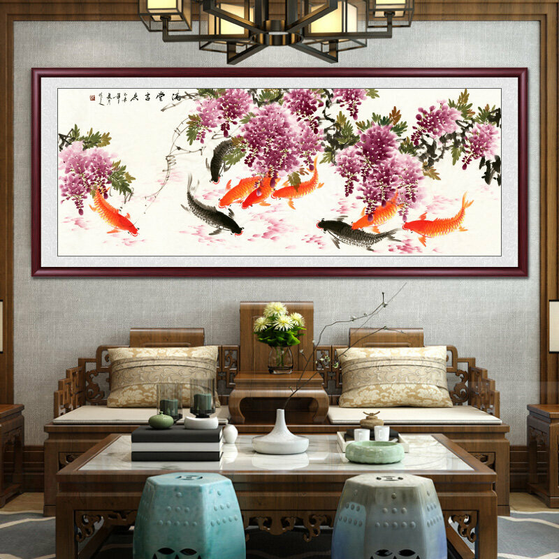 新款客廳裝飾畫掛畫(帶框尺寸：238*98cm 滿堂吉慶 複刻噴繪+雅典紅褐實木框)