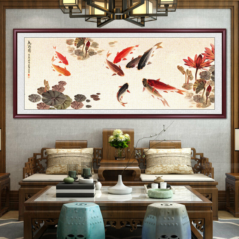 新款客廳裝飾畫掛畫(帶框尺寸：188*78cm 九魚圖-1 複刻噴繪+雅典紅褐實木框)