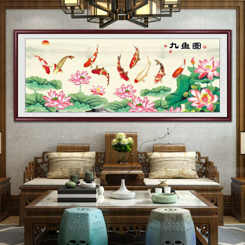 新款客廳裝飾畫掛畫(帶框尺寸：238*98cm 荷花九魚圖 複刻噴繪+雅典紅褐實木框)