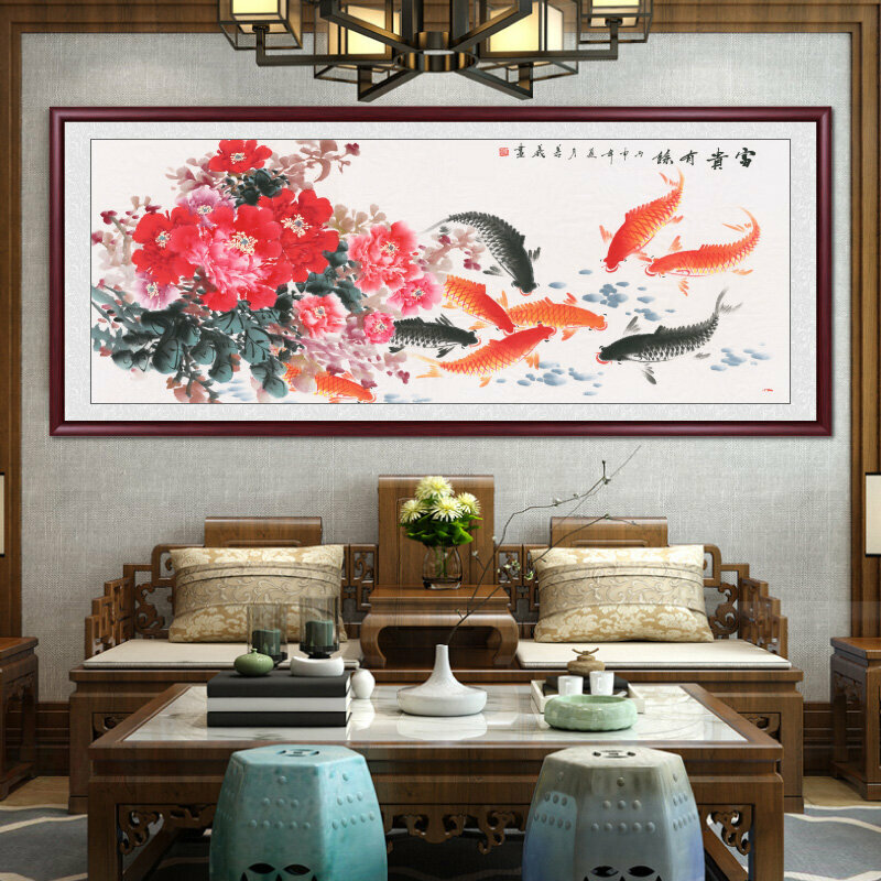 新款客廳裝飾畫掛畫(帶框尺寸：188*78cm 牡丹九鯉圖 複刻噴繪+雅典紅褐實木框)