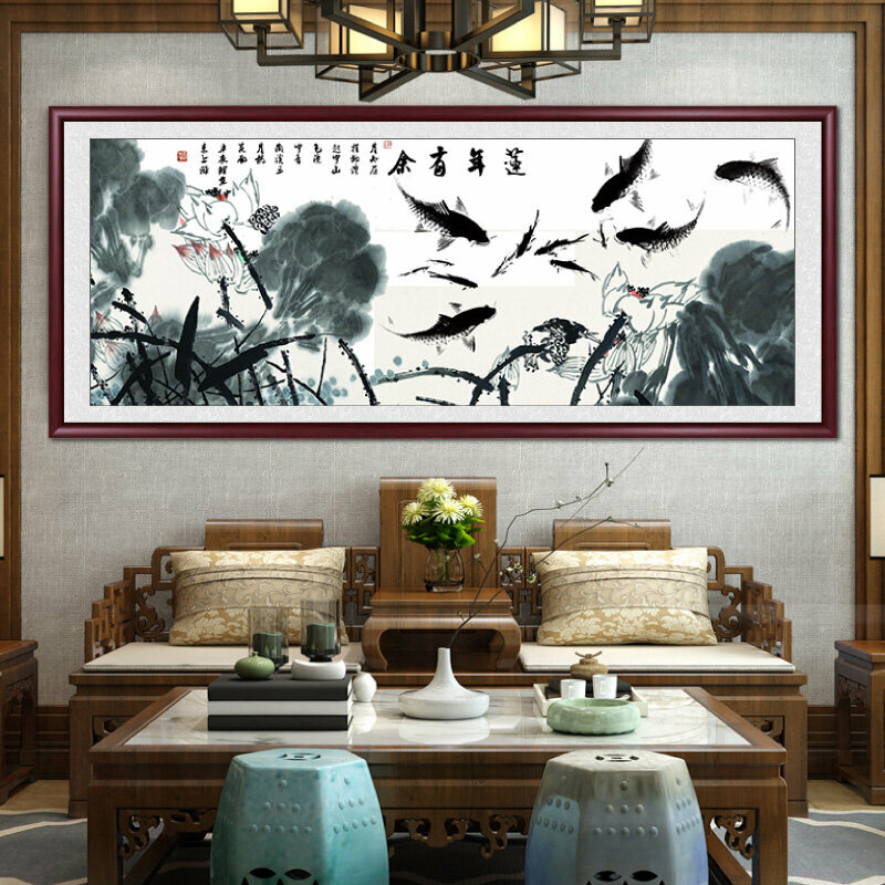 新款客廳裝飾畫掛畫(帶框尺寸：238*98cm 連年有餘-2 複刻噴繪+雅典紅褐實木框)