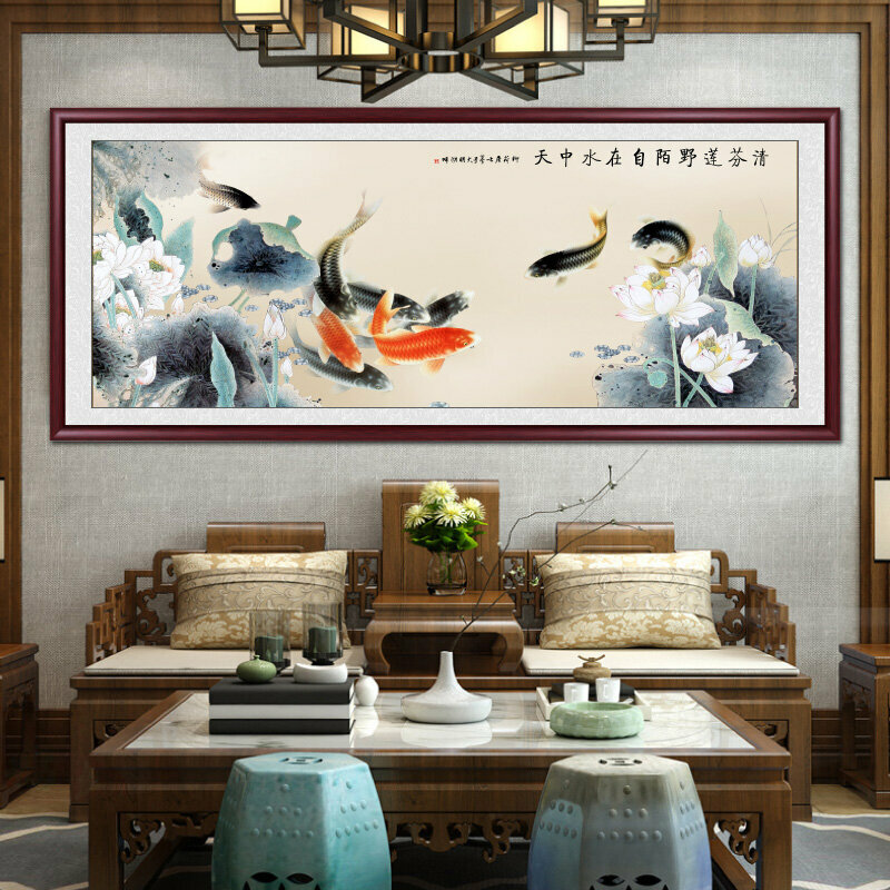 新款客廳裝飾畫掛畫(帶框尺寸：208*88cm 連年有餘-1 複刻噴繪+雅典紅褐實木框)