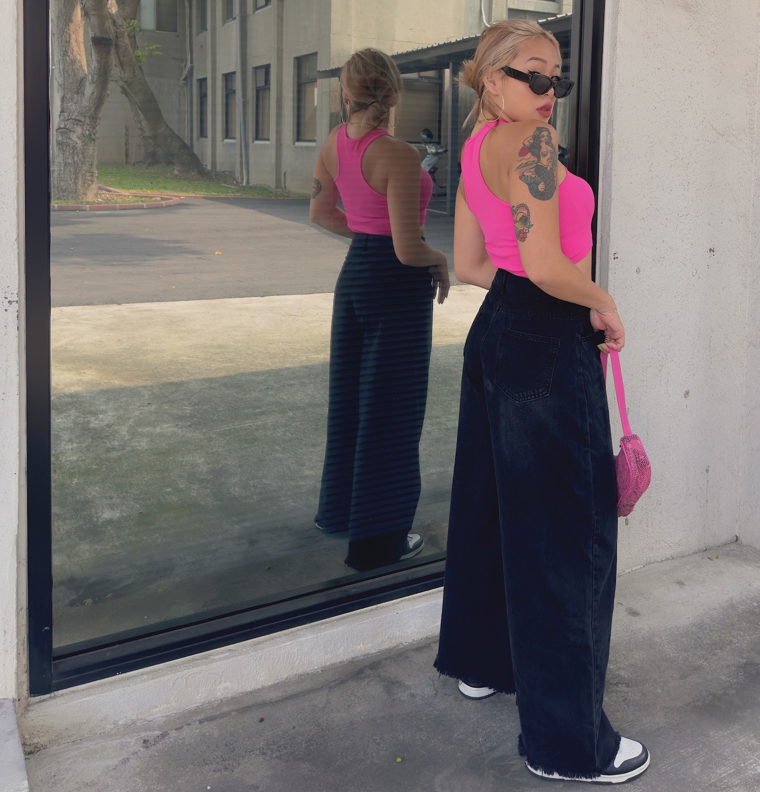 水洗黑超寬口高腰褲