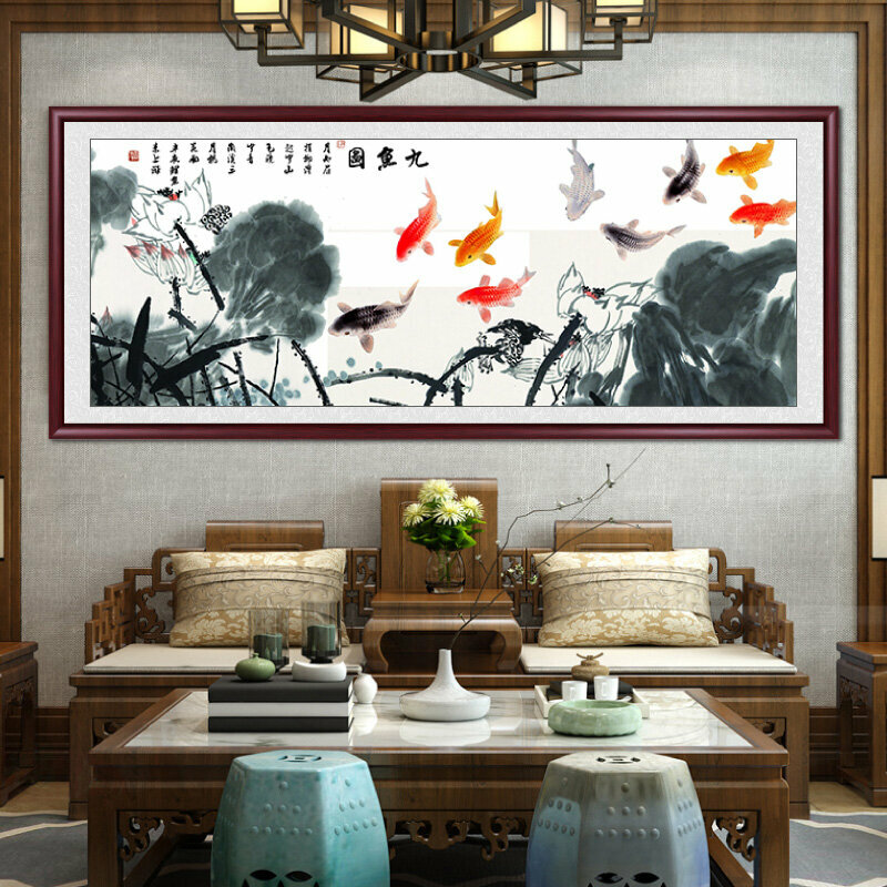 熱賣客廳裝飾畫掛畫(帶框尺寸：218*88cm 九魚圖-2 複刻噴繪+雅典紅褐實木框)