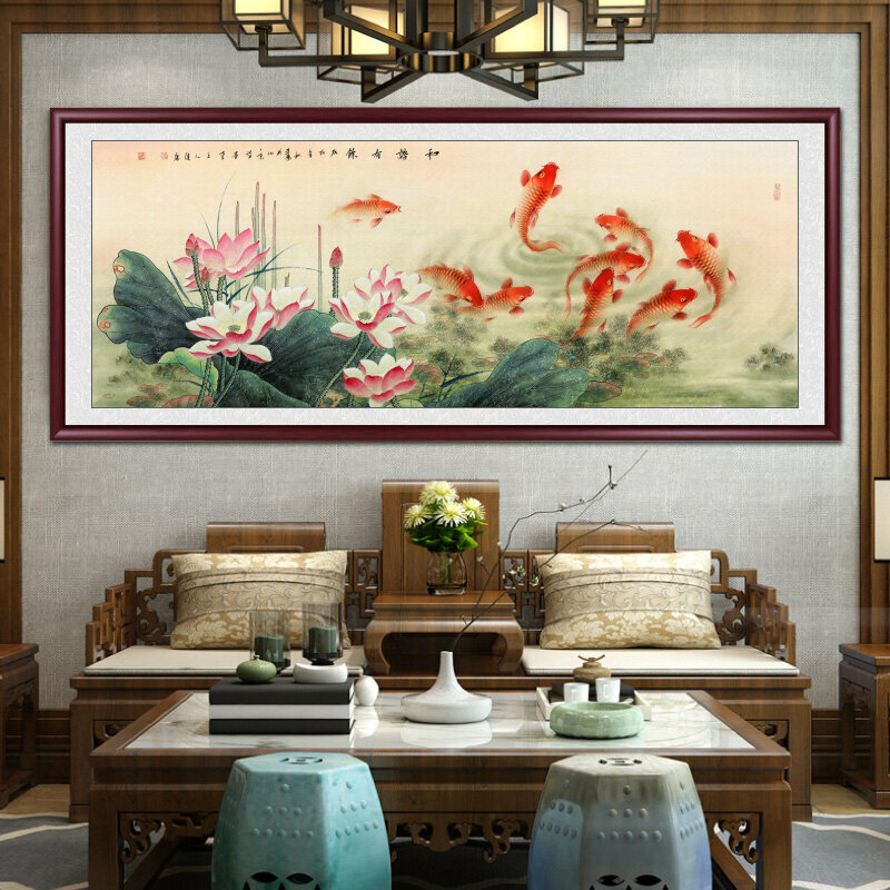 熱賣客廳裝飾畫掛畫(帶框尺寸：208*88cm 和諧有餘 複刻噴繪+雅典紅褐實木框)