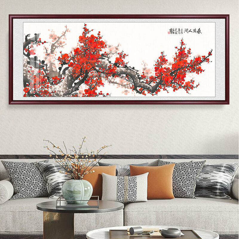 熱賣客廳裝飾畫掛畫(帶框尺寸：238*98cm 春滿人間 複刻噴繪+紅實木框)