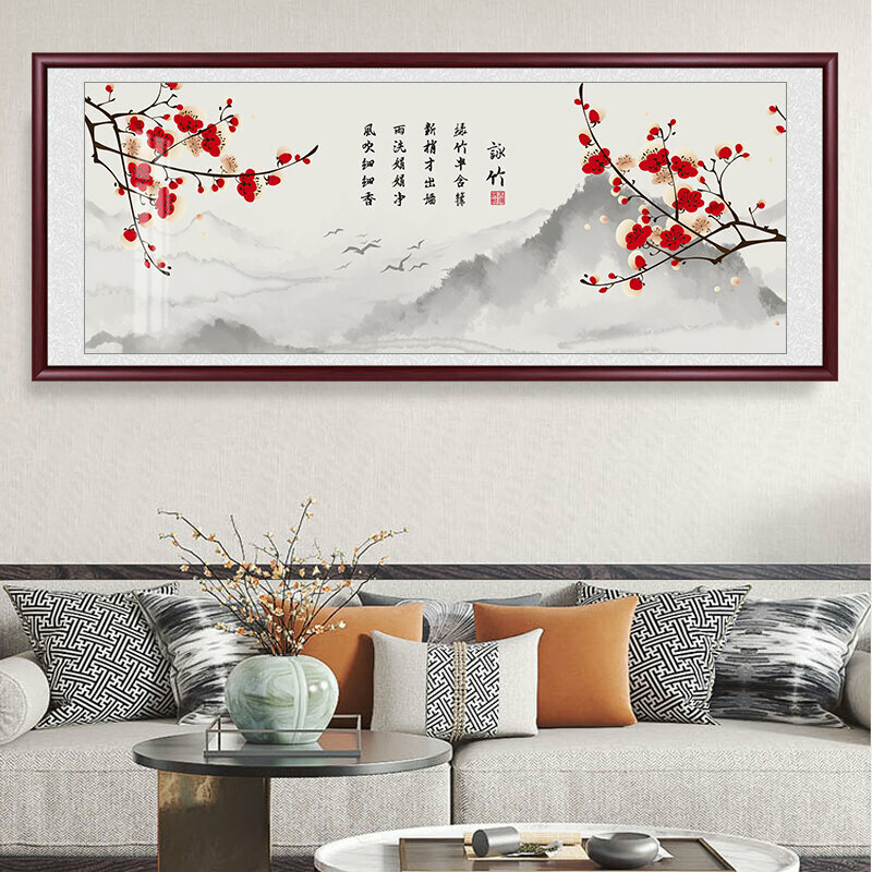 熱賣客廳裝飾畫掛畫(帶框尺寸：188*78cm 紅梅-2 複刻噴繪+紅實木框)