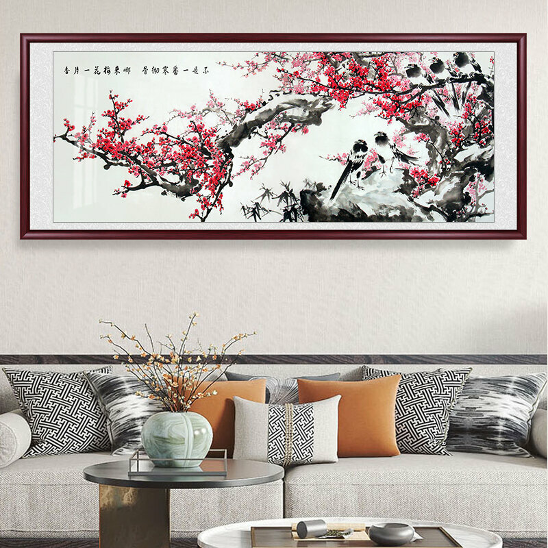 熱賣客廳裝飾畫掛畫(帶框尺寸：238*98cm 春梅 複刻噴繪+紅實木框)