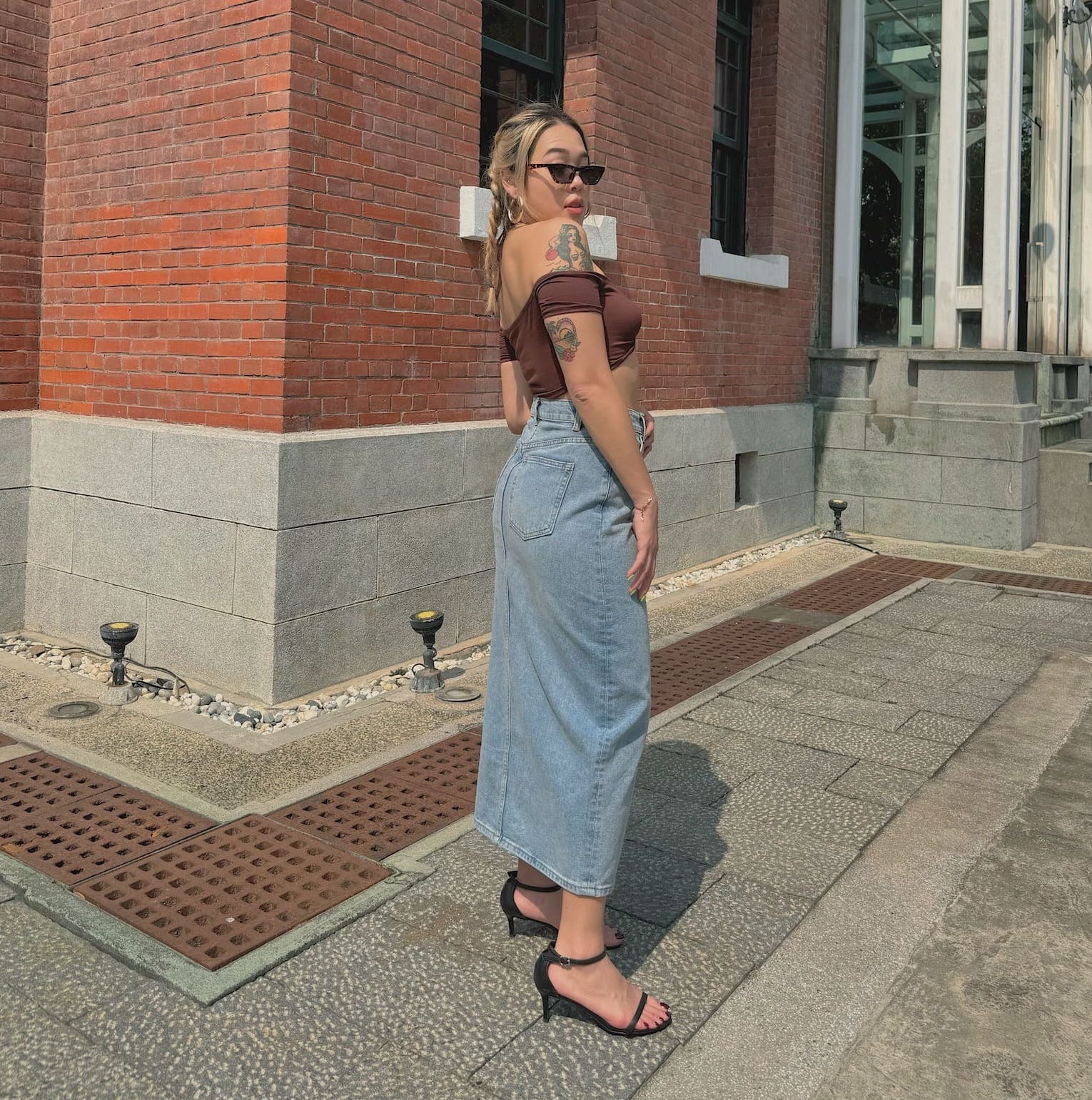 高腰開衩牛仔長裙