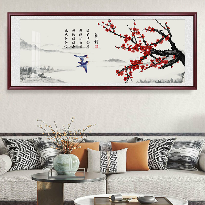 熱賣客廳裝飾畫掛畫(帶框尺寸：228*88cm 紅梅-3 複刻噴繪+紅實木框)