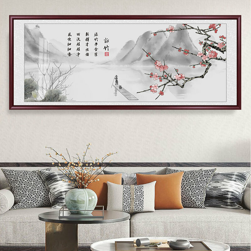 熱賣客廳裝飾畫掛畫(帶框尺寸：208*88cm 紅梅-4 複刻噴繪+紅實木框)