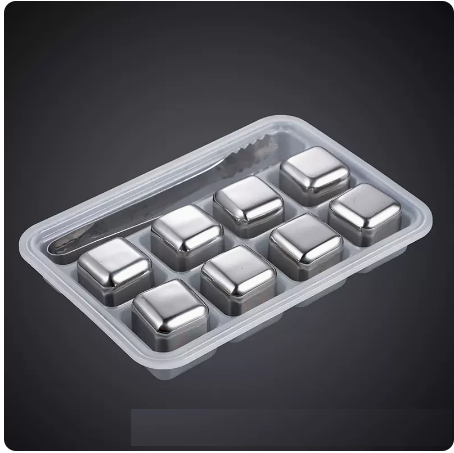 Hot selling 8 pieces of stainless steel ice cubes food grade frozen ice ice making mold stone metal recycling free storage box plus ice clip