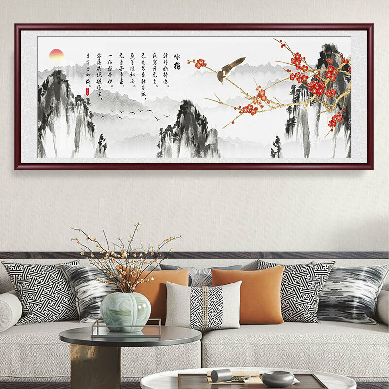 爆款客廳裝飾畫掛畫(帶框尺寸：218*88cm 詠梅-2 複刻噴繪+紅實木框)