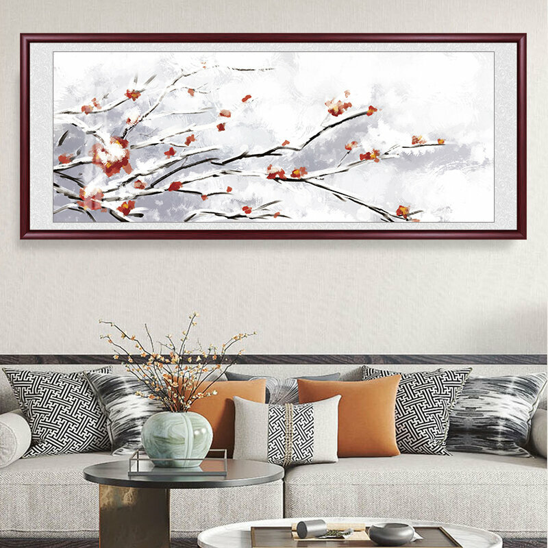 爆款客廳裝飾畫掛畫(帶框尺寸：188*78cm 傲雪紅梅 複刻噴繪+紅實木框)