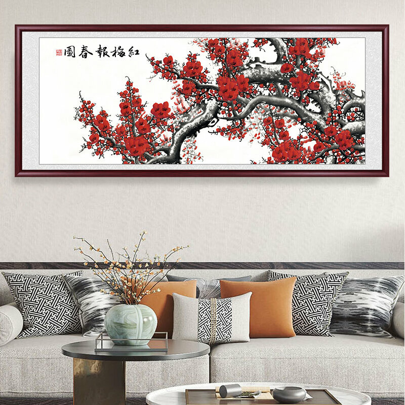 爆款客廳裝飾畫掛畫(帶框尺寸：208*88cm 紅梅報春圖-2 複刻噴繪+紅實木框)