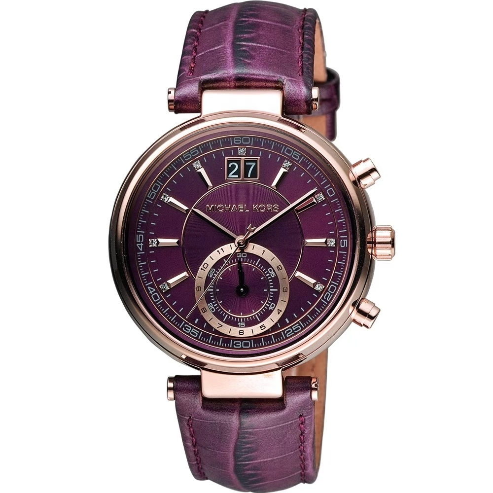 【MICHAEL KORS】真一眼帶日期 晶鑽時標 質感神秘紫皮革 女款腕錶-