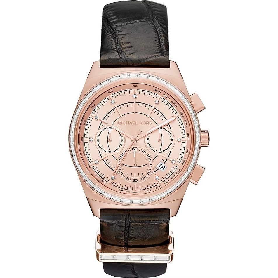 【MICHAEL KORS】真三眼帶日期 晶鑽錶圈時標 質感黑皮革 女款夜光腕錶-