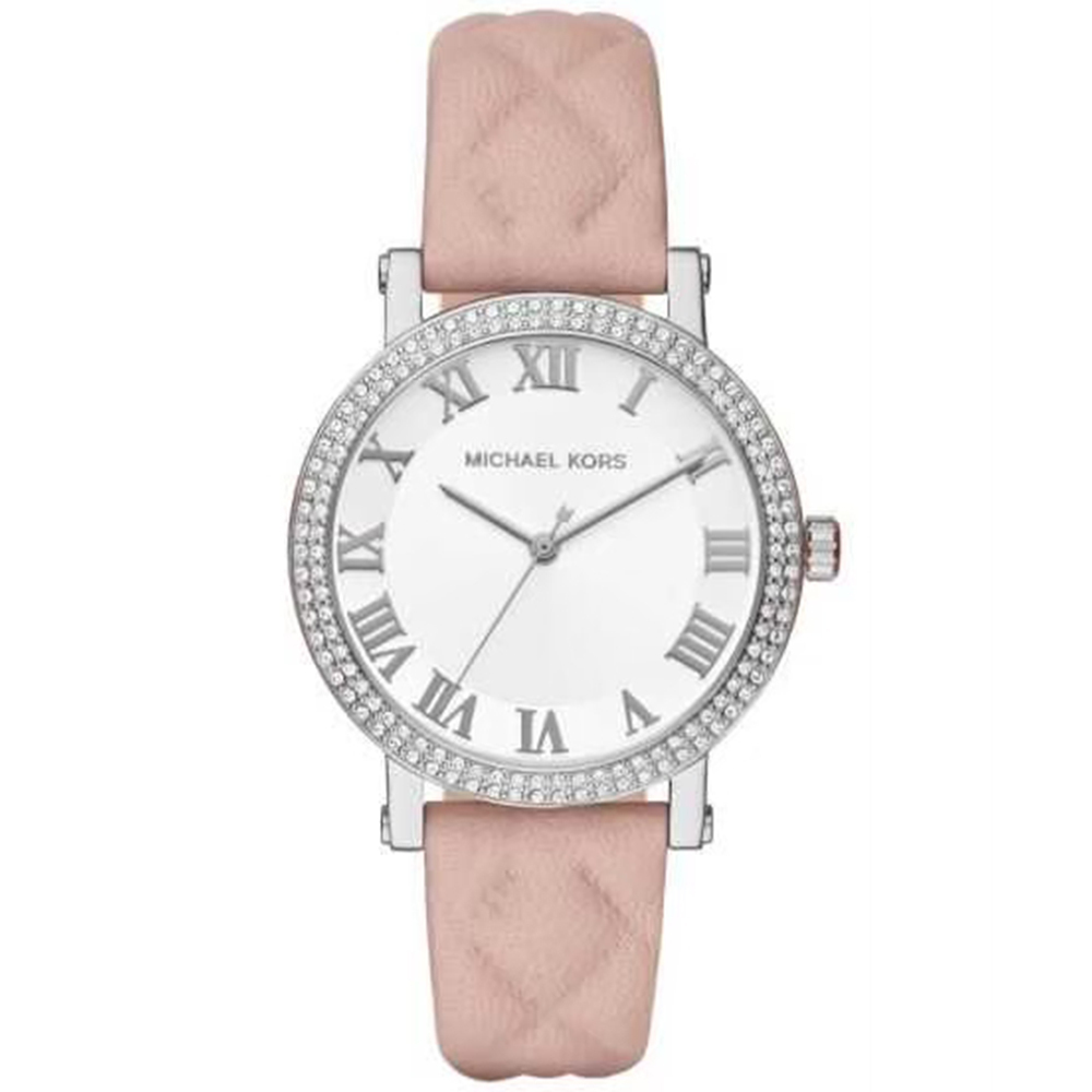 【MICHAEL KORS】羅馬數字時標 晶鑽錶圈 質感壓紋 櫻花粉皮革 女款腕錶-