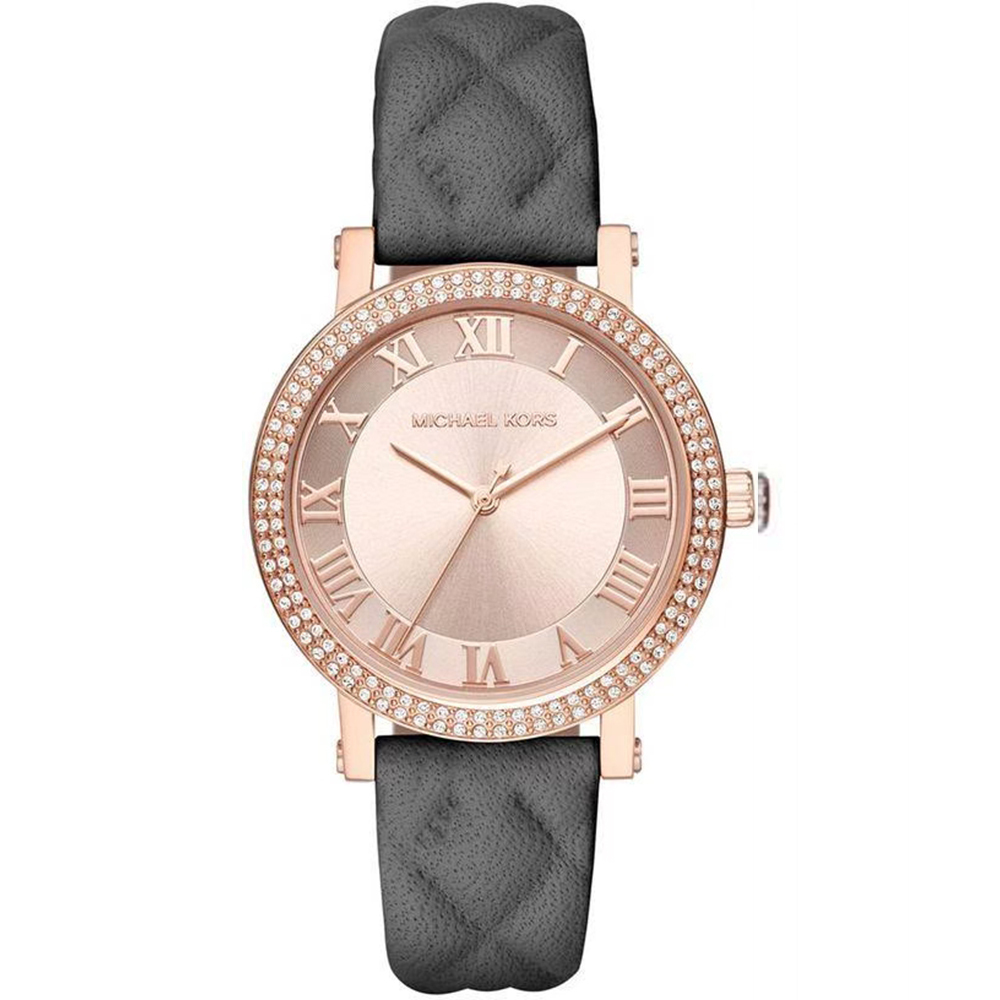 【MICHAEL KORS】羅馬數字時標 晶鑽錶圈 質感壓紋 神秘黑皮革 女款腕錶