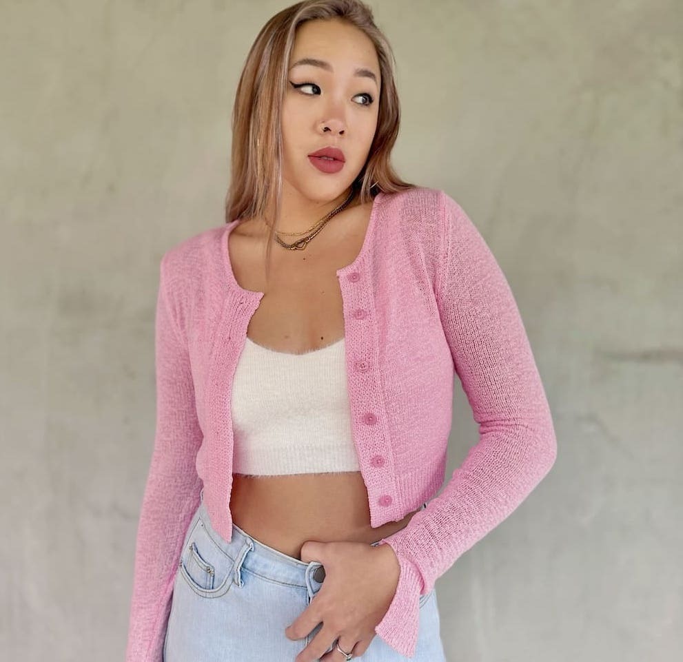 粉色針織微透罩衫