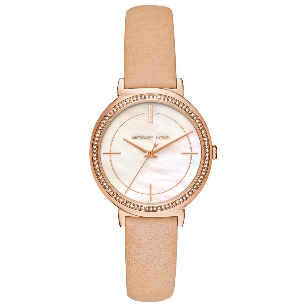 【MICHAEL KORS】晶鑽錶圈 珍珠母貝錶盤 質感白膚皮革 女款腕錶-