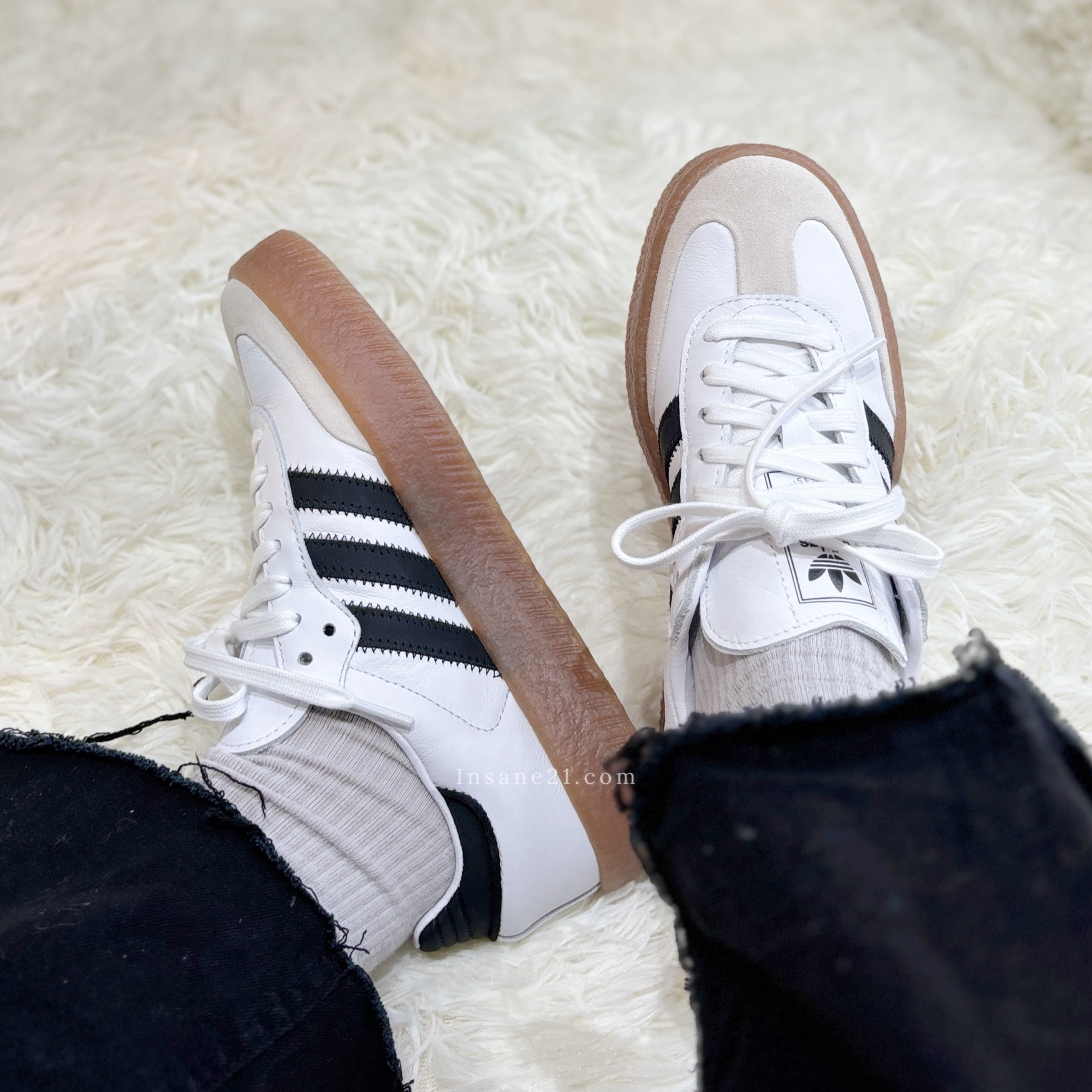 ADIDAS SAMBAE W 白黑 厚底增高 皮革 膠底 德訓鞋 休閒鞋 女鞋 JI1349