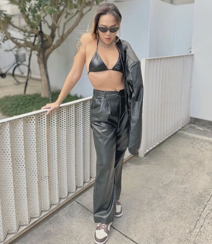 皮質西裝直筒褲