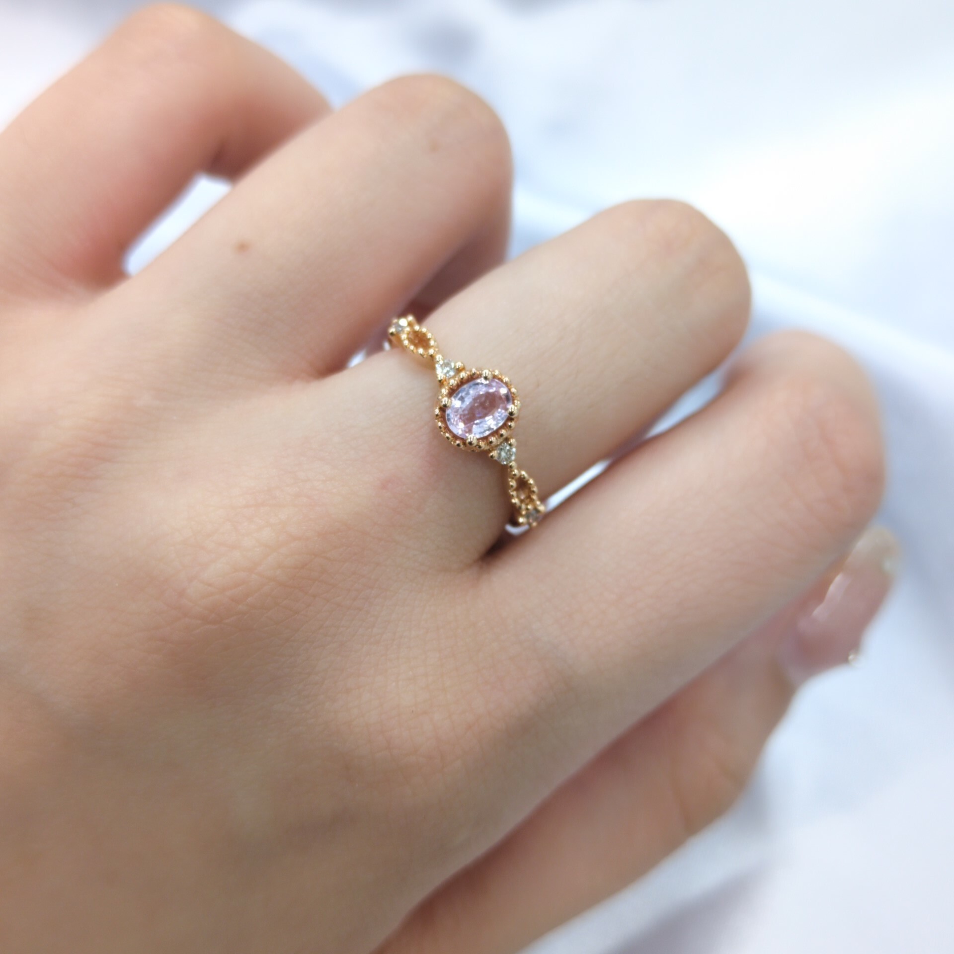 全新18K玫瑰金【單粒36份粉紅藍寶】配7份鑽石戒指